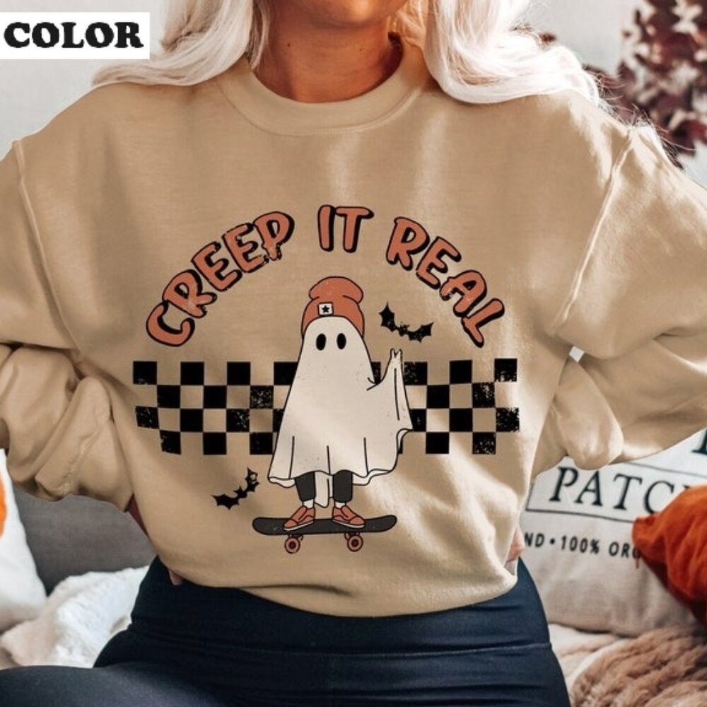 Creep It Real Retro Halloween Sweatshirt Peace Sign Spooky Season Pullover 05